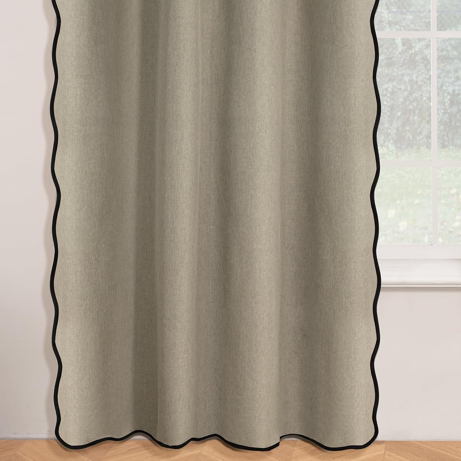 ColorBird Linen Blackout Curtains 84 Inches Long Scalloped Tan 100% Black Out Winter Thermal Insulated Curtains & Drapes for Living Room Bedroom Dining Room Nursery Window Treatment
