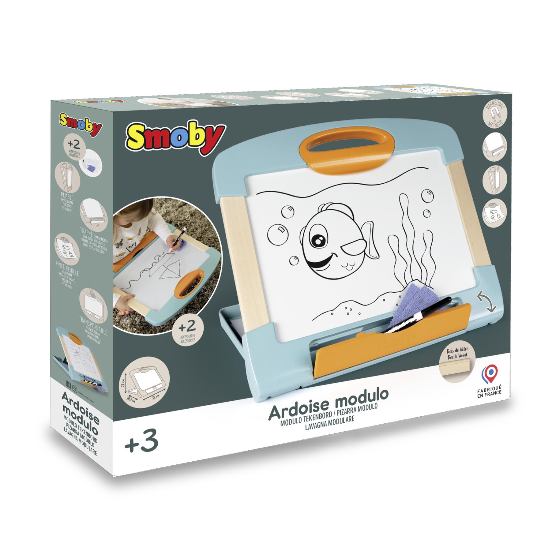 Smoby - Pizarra de viaje de madera - Pizarra borrable e imantada para niños - Juego educativo - Modular y transportable - Rotulador y tela - (7600410712)