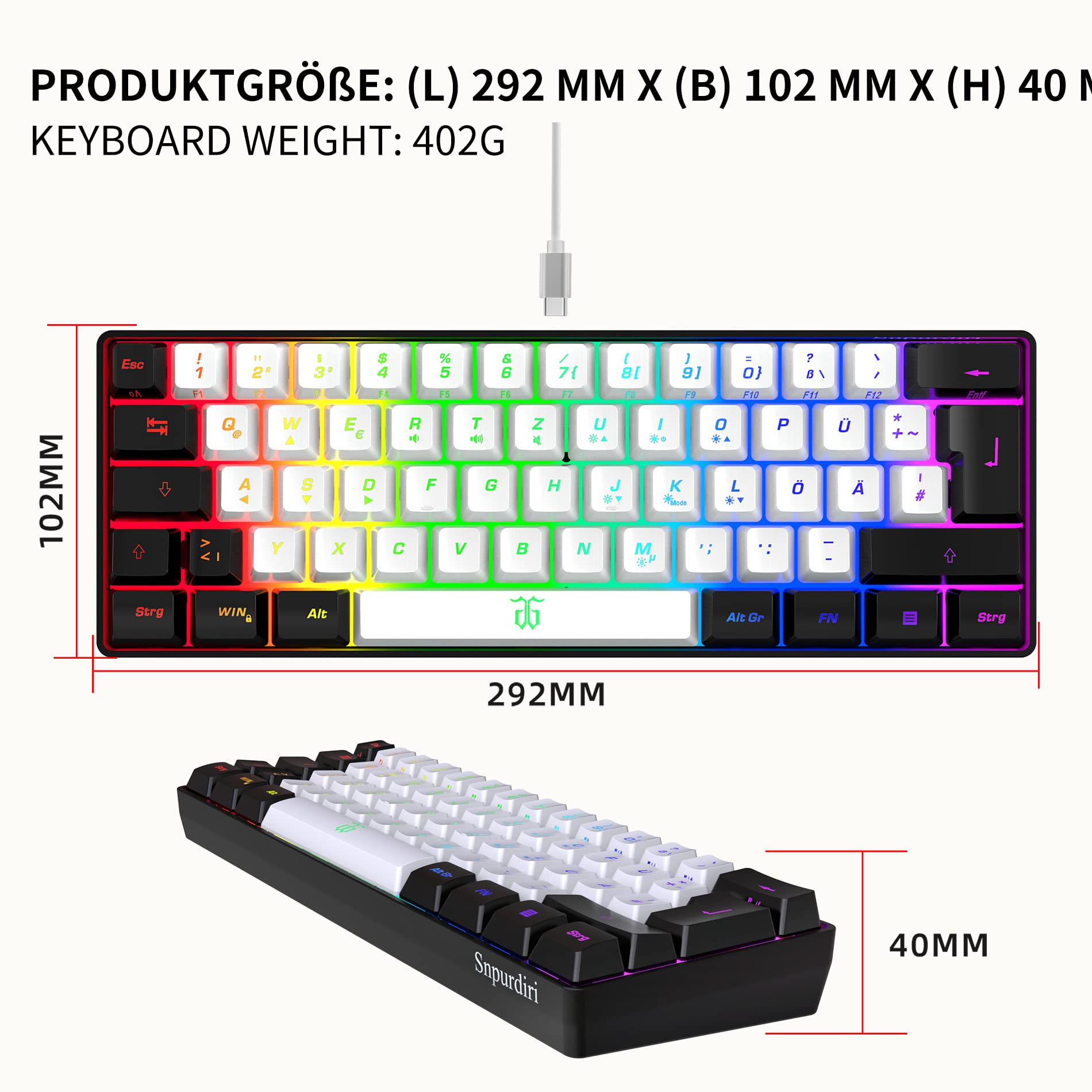 Snpurdiri 60% Tastiera da Gaming Cablata, Mini Piccola, Tastiera Compatta RGB Portatile per PC, Mac, Ufficio, Gaming (61 Tasti, Alfabeto Tedesco, Nero e Bianco)