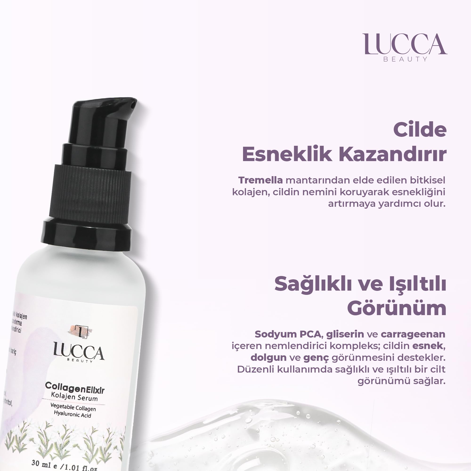 Lucca Beauty CollagenElixir Kolajen Serumu 30 ml – Vegan, Bitkisel Kolajen, Hyaluronik Asit ve Sodyum PCA İçerikli Nemlendirici Yüz Serumu