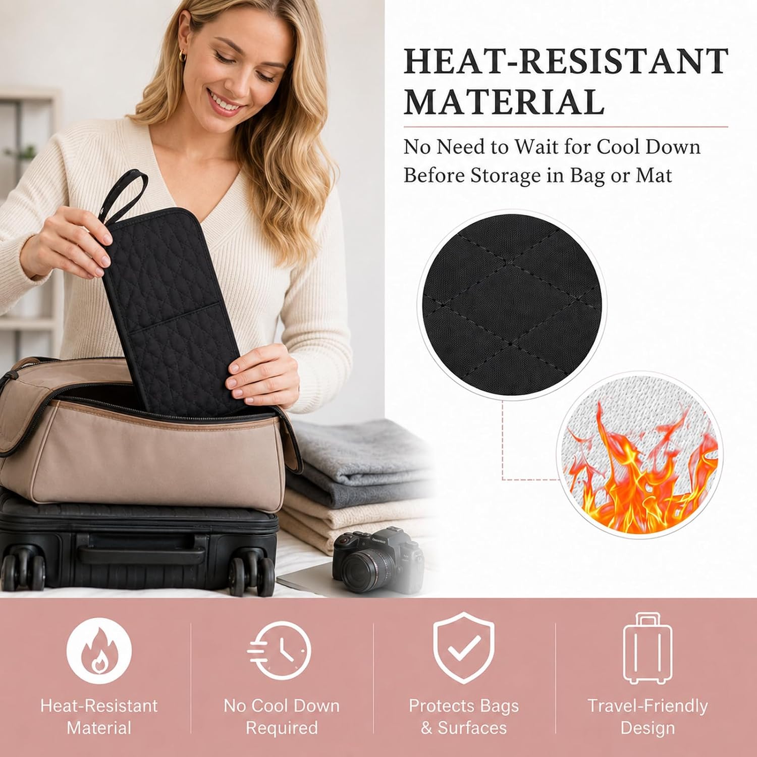 2-in-1 Heat Resistant Hot Tool Mat and Organizer | Portable Travel Curling Iron Holder & Flat Iron Storage Mat with Heatproof Lining | Black Styling Tools Pouch for Hot Straightener and Wand