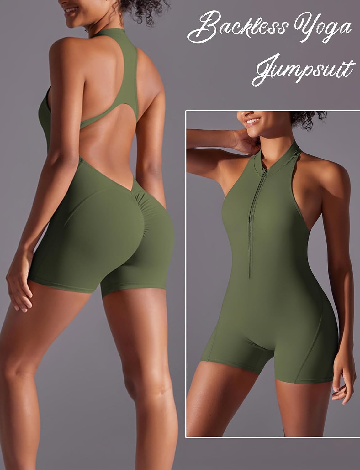 FEOYA Women's Yoga Bodysuit Quick Drying Backless One Piece Zipper Stretch Workout Jumpsuit with Removable Pads