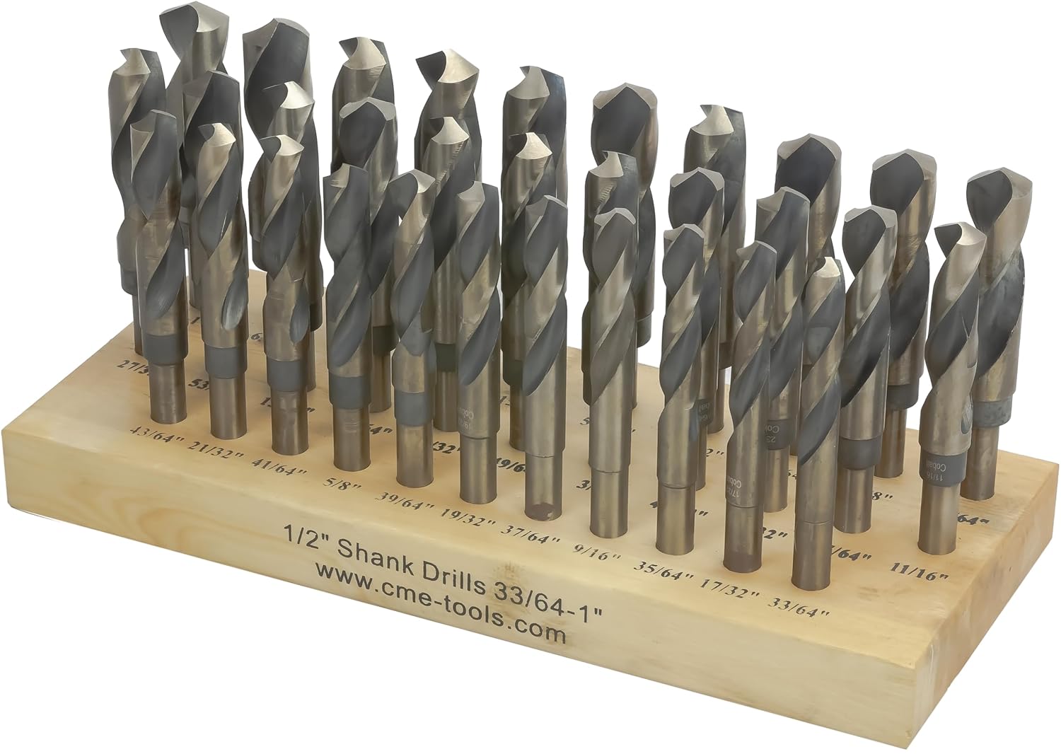 CME 32 pc M35 Cobalt Steel Silver and Deming Drill Bit Set, 1/2" Reduced Shank, 33/64" to 1" Sizes Included