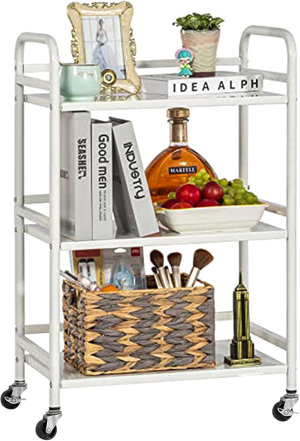 HDANI 3 Tier Rolling Cart Shelves,Heavy Duty Multifunctional Metal Frame-Supports 22 Lbs Per Tier,Rolling Cart with 2 Lockable Wheels for Home, Office,Kitchen,Bathroom,Bedroom(White)… White Small