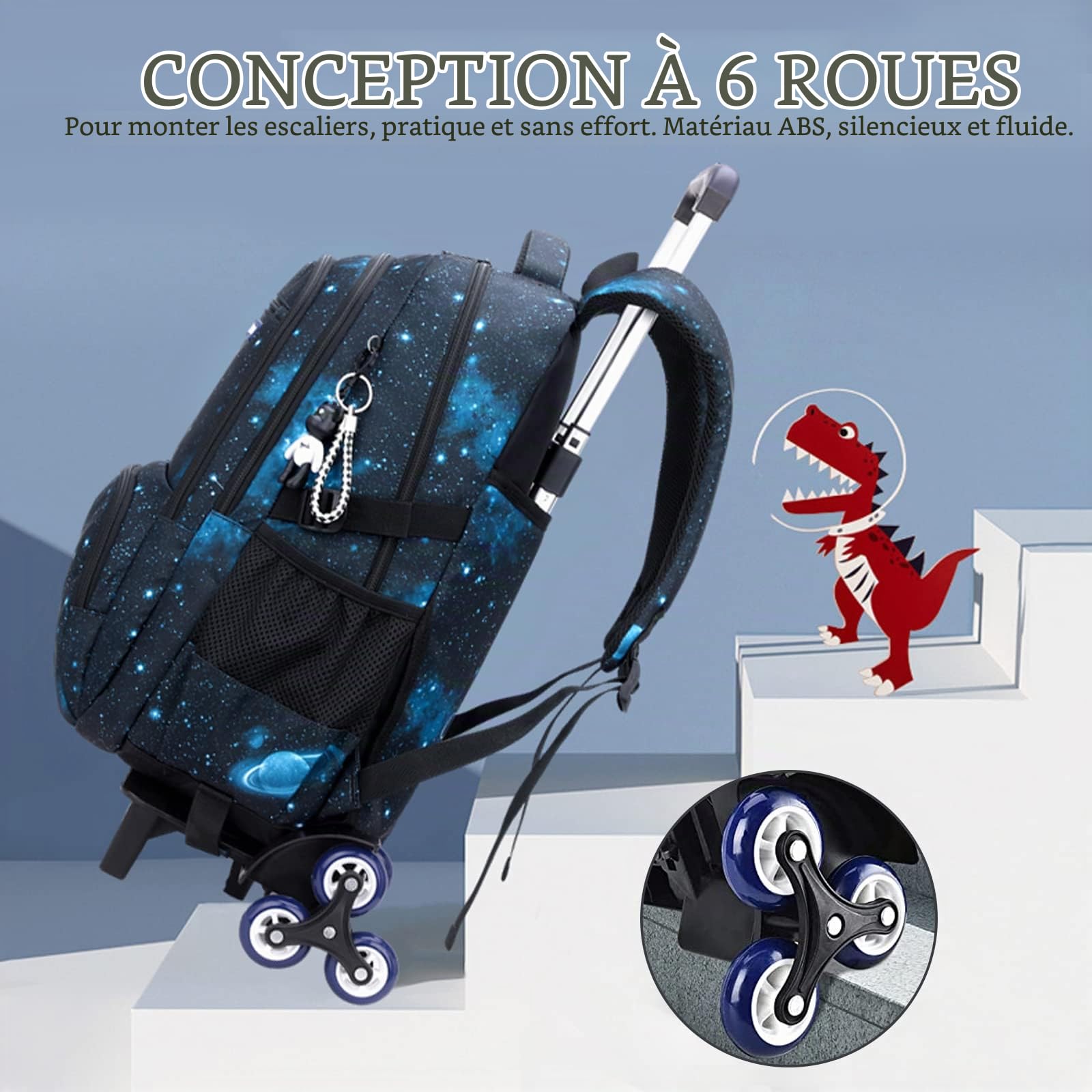 Amythe Sac à Dos à roulettes Garçon, Cartable à roulettes Voyage Etanche Amovible, Loisir Sac D'école College Grand Cartables Scolaires avec Chariot pour Adolescent Enfants