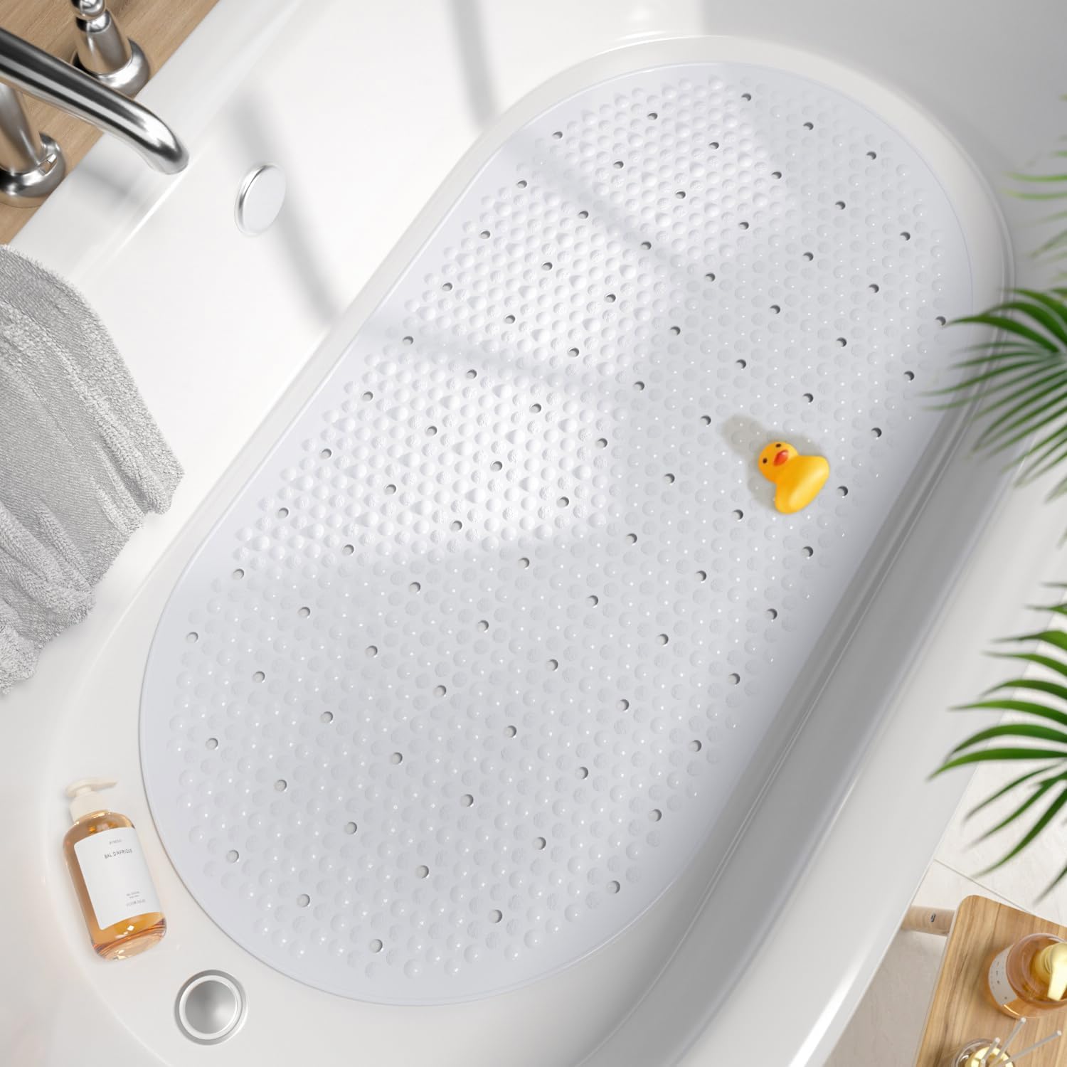 HITSLAM Oval Bath Mat for Tub, 27x15 Inch Bubble Bathtub Mat Non Slip, Machine Washable Bathroom Shower Mat with Drain Holes and Suction Cups, Bathroom Accessories White