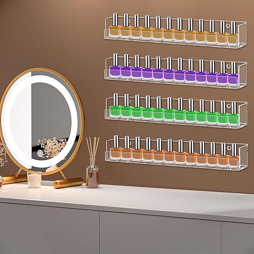 Miniatura 7 de Paquete de 4 estantes para esmalte de uñas, estante montado en la pared, organizador de esmalte de uñas acrílico transparente, estante de pared
