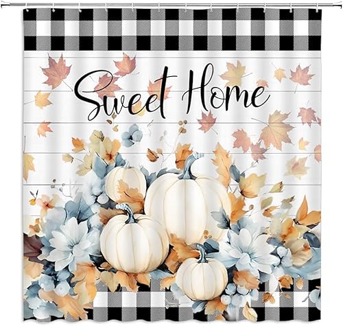 Miniatura 2 de Cortina de ducha floral de calabaza de otoño, día de Acción de Gracias, hojas de arce negro y blanco, cuadros de búfalo a cuadros, madera rústica,