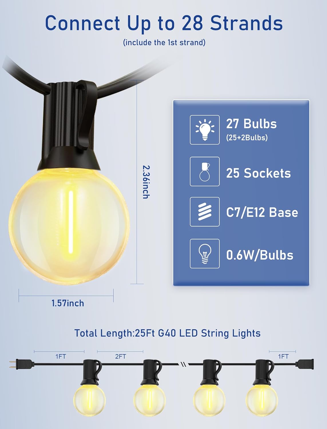 Abeja 50FT Globe Led Outdoor String Lights, Shatterproof Outdoor Patio String Lights with with 25 +2 LED Plastic Clear Bulbs, Hanging Bistro Light Waterproof for Café Bistro Pergola Tents-Black Wire