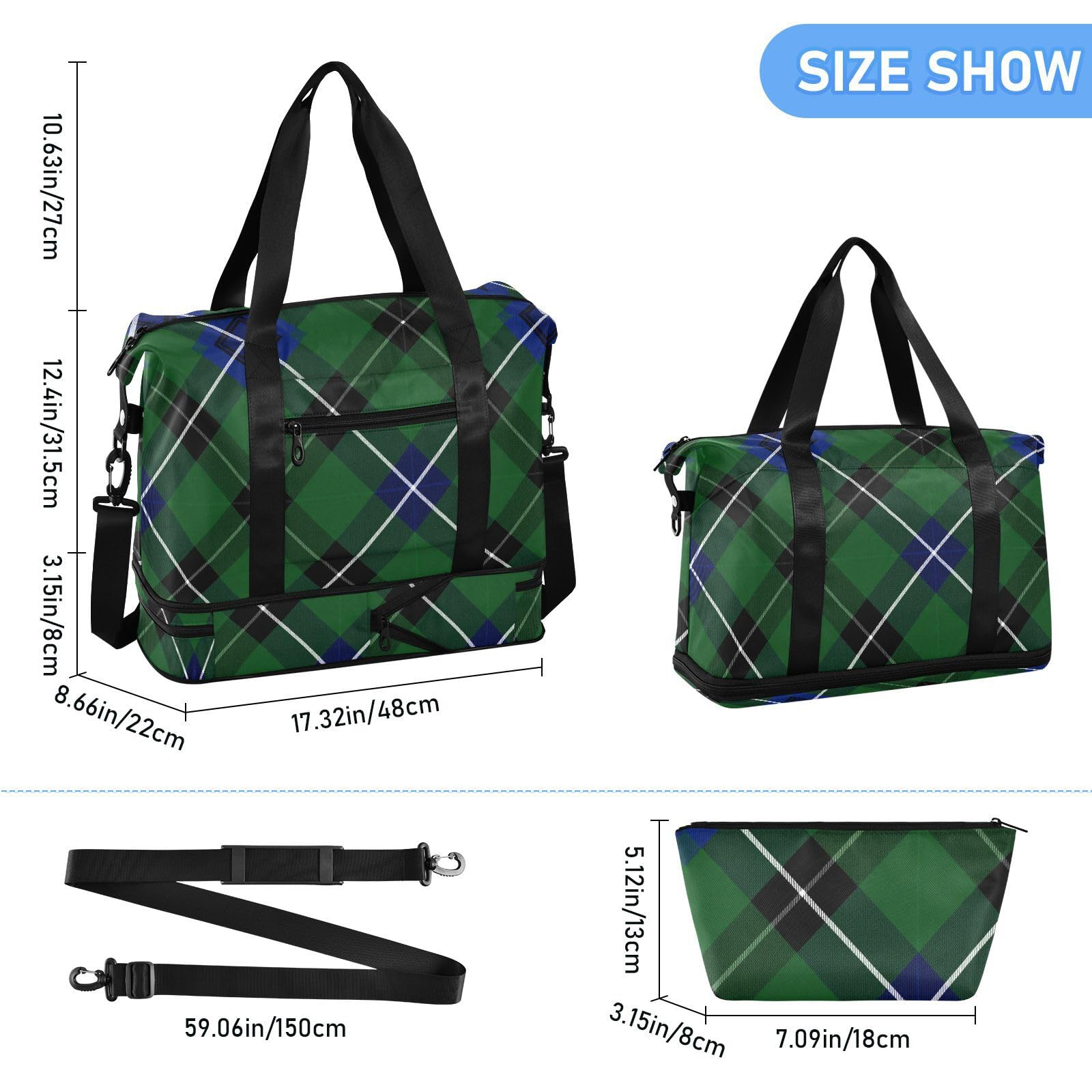 Bolsa de fin de semana con bolsillo húmedo, correa ajustable, color verde a cuadros escoceses, para viajes en avión, gran capacidad para hombres y mujeres