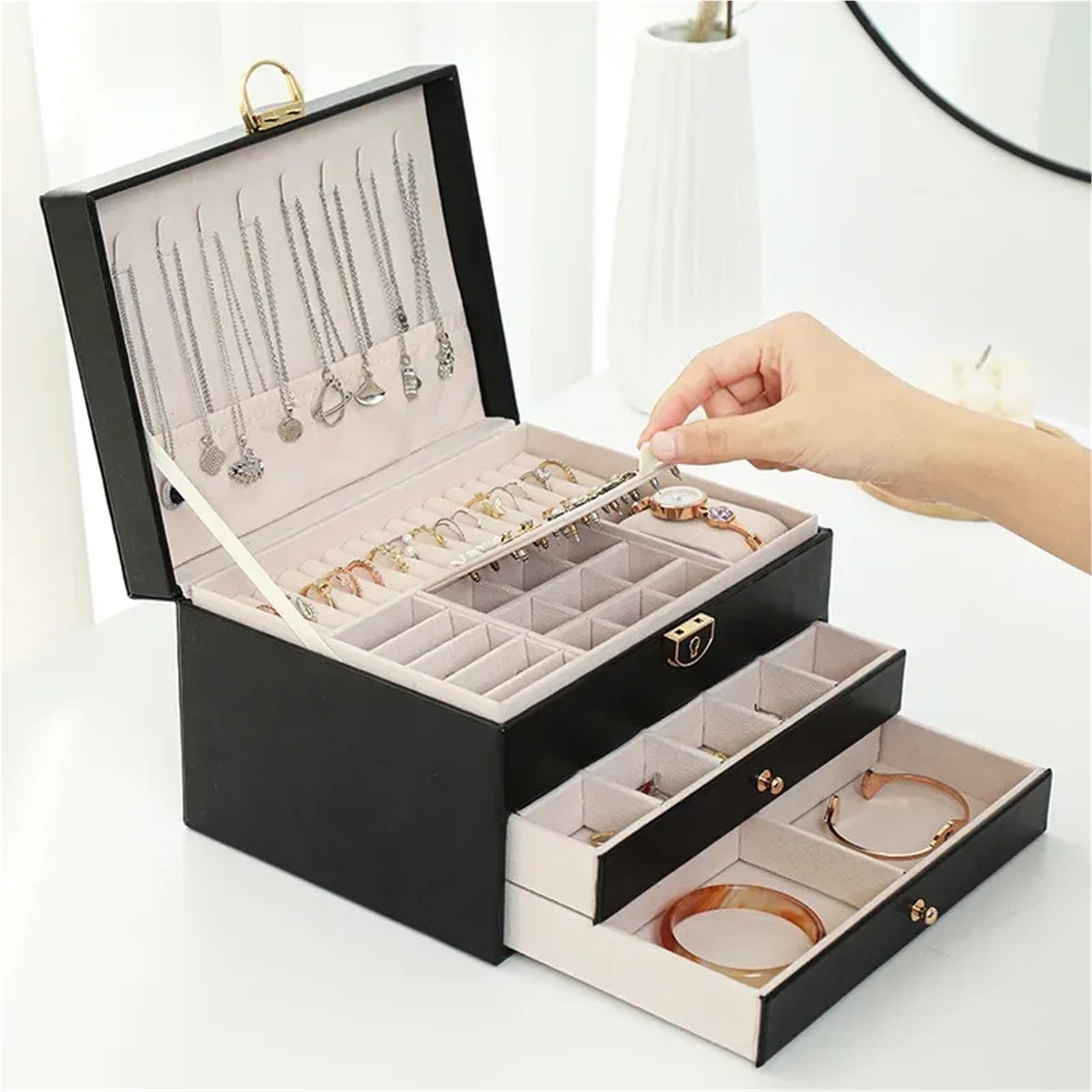 Organizzatore Di Gioielli Da Viaggio Scatola portaoggetti for gioielli in PU a 3 strati, for collane, orecchini, anelli, grande capacità, regalo for donne Per Anelli E Collane