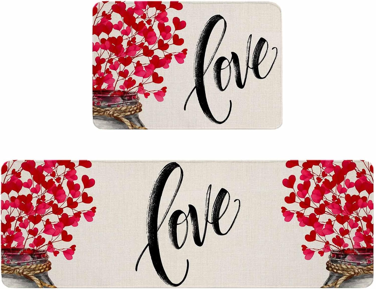 Valentine's Day Kitchen Rugs and Mats Set of 2, Non-Slip Kitchen Sink Mat, Red Love Heart Branches Bottles Beige Washable Doormat Bathroom Rugs Runner for Bedroom/Living Room 23.6"x35.4"+23.6"x70.9"