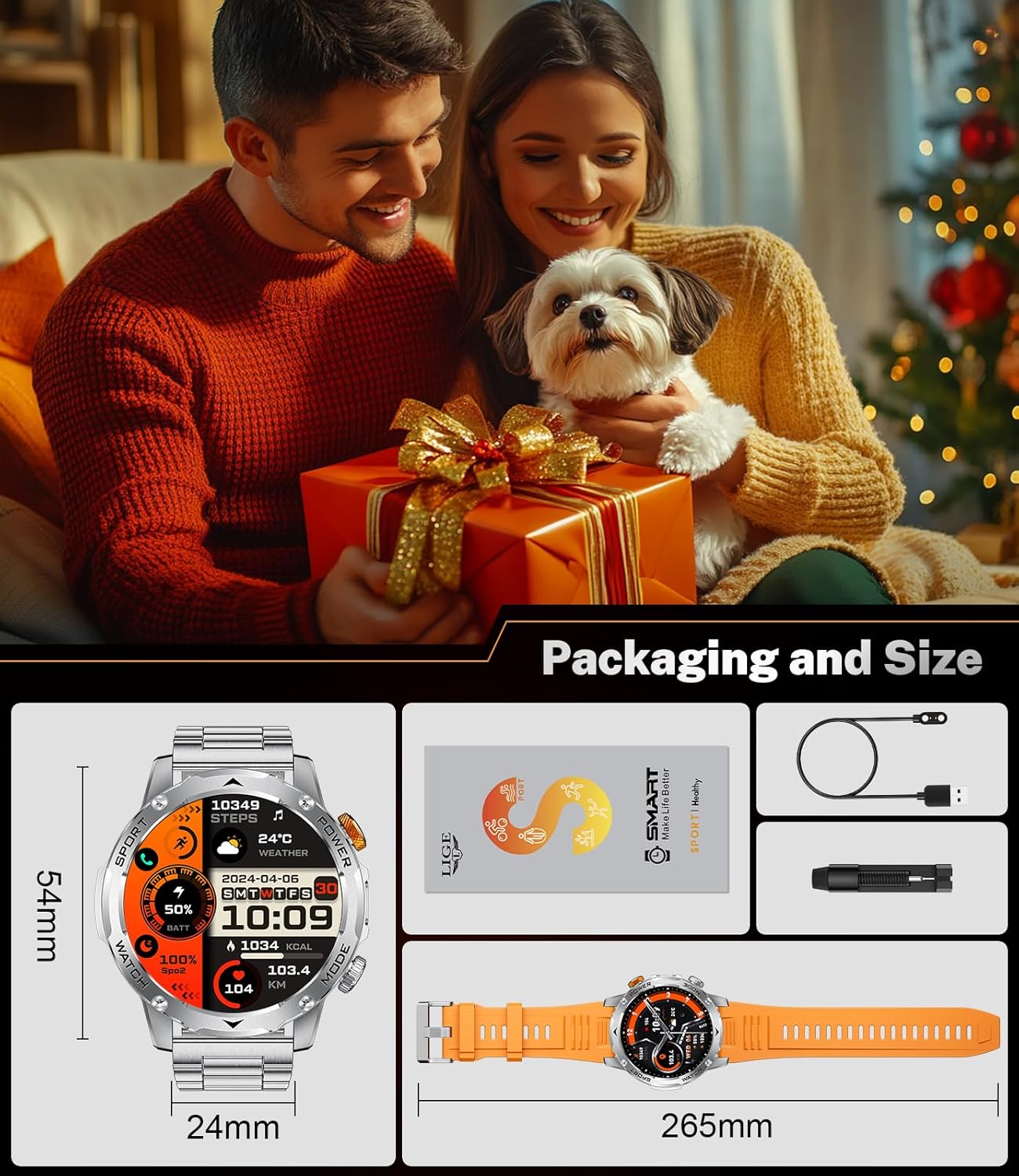 Contents of the LIGE Smart Watch EF12-D package including watch, straps, and accessories