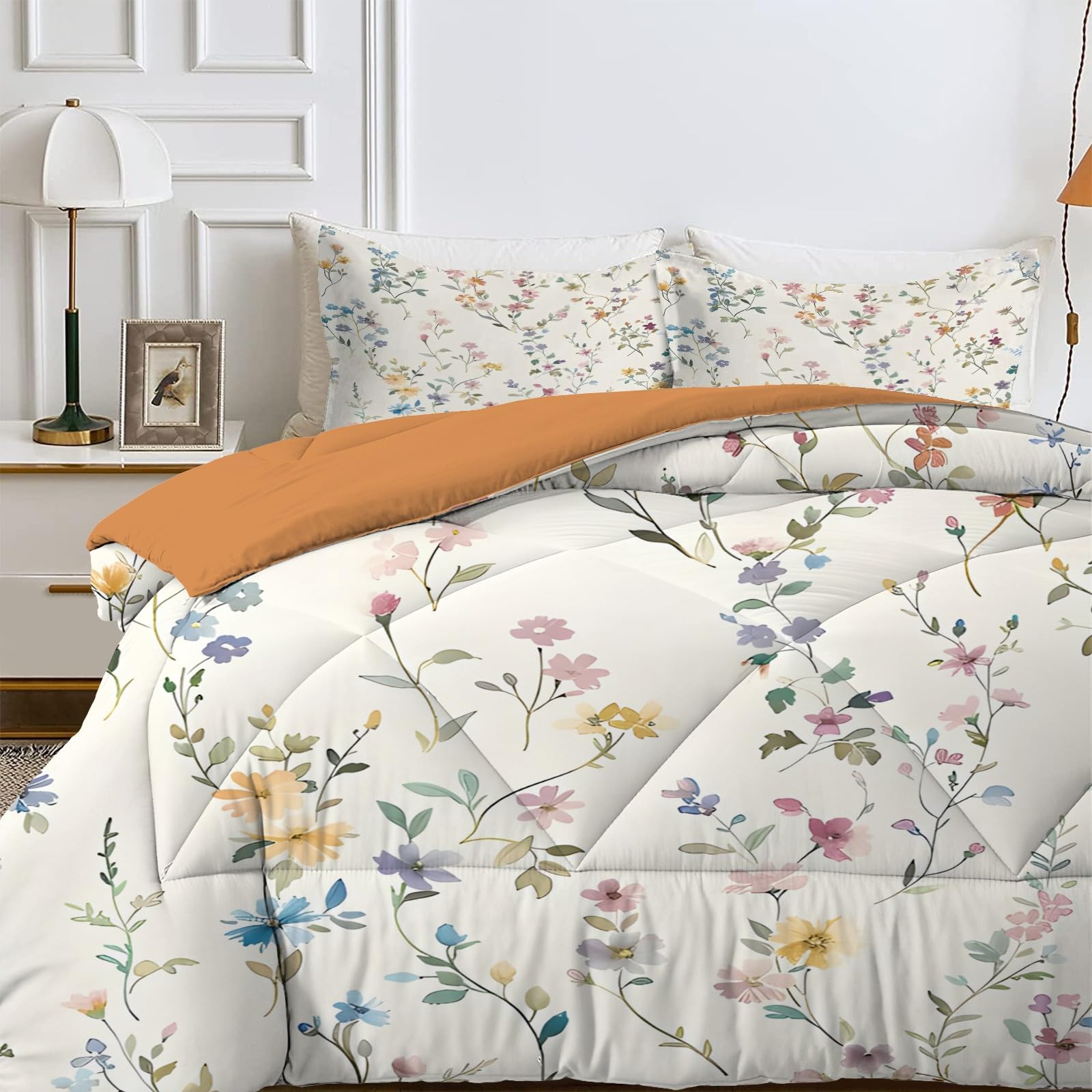 PNHCL Super King Duvet White Superking Quilt 7.5 Tog Floral Pattern Reversible Coverless Duvet Soft Comforter Set With 2 Pillowcases - Lightweight and Machine Washable, 260x220 cm