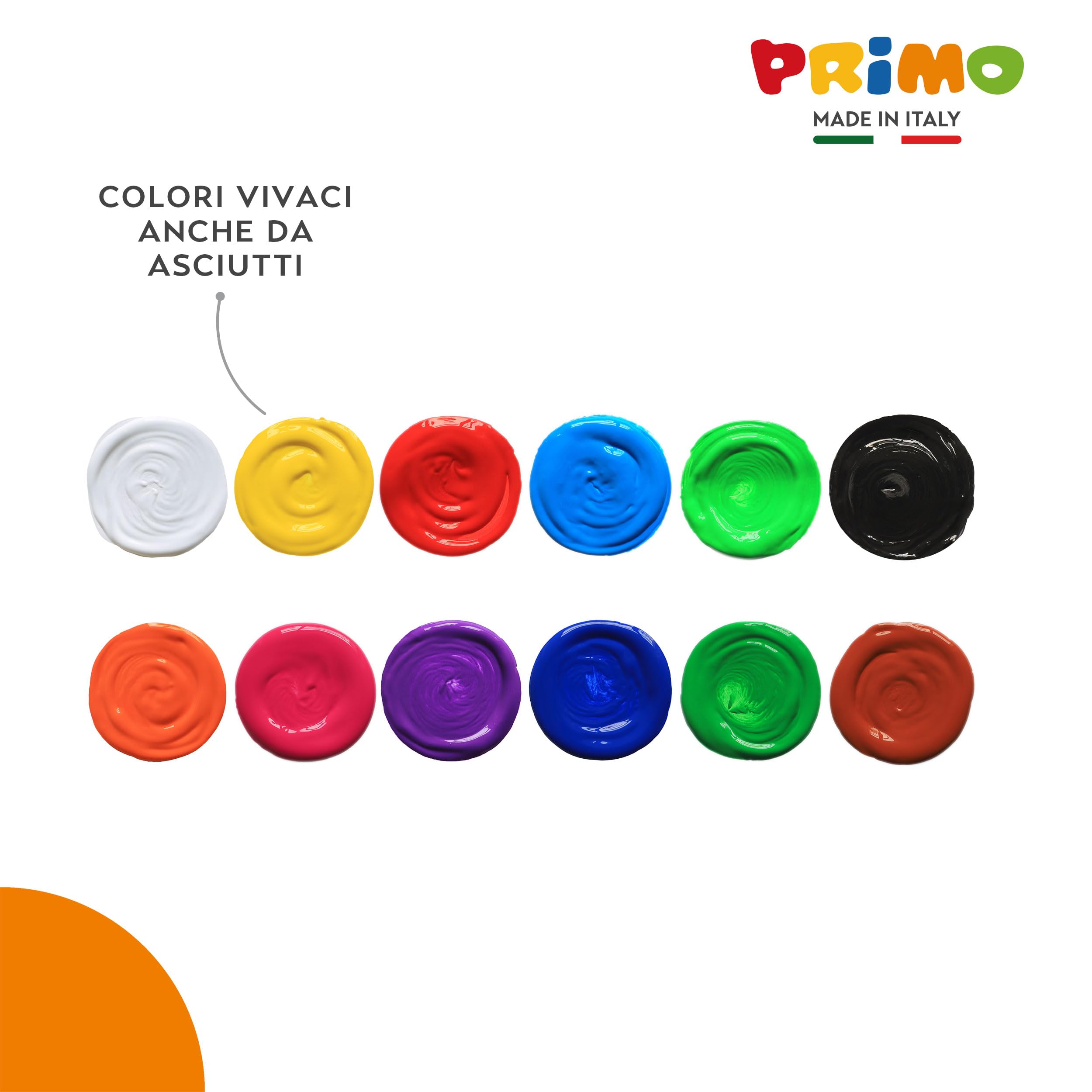 PRIMO - Tempere Lavabili per Bambini +3 Anni, 12 Colori per Bambini 25 ml in Vasetto Validi come Colori per Tessuti e Lavoretti Creativi, Pittura per Tessuti, Carta e Vetro, Colori a Tempera Coprenti