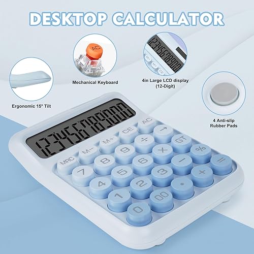 Miniatura 4 de Calculadora de interruptor mecánico con botones grandes, calculadoras de escritorio, 12 dígitos, energía de batería solar, calculadora de