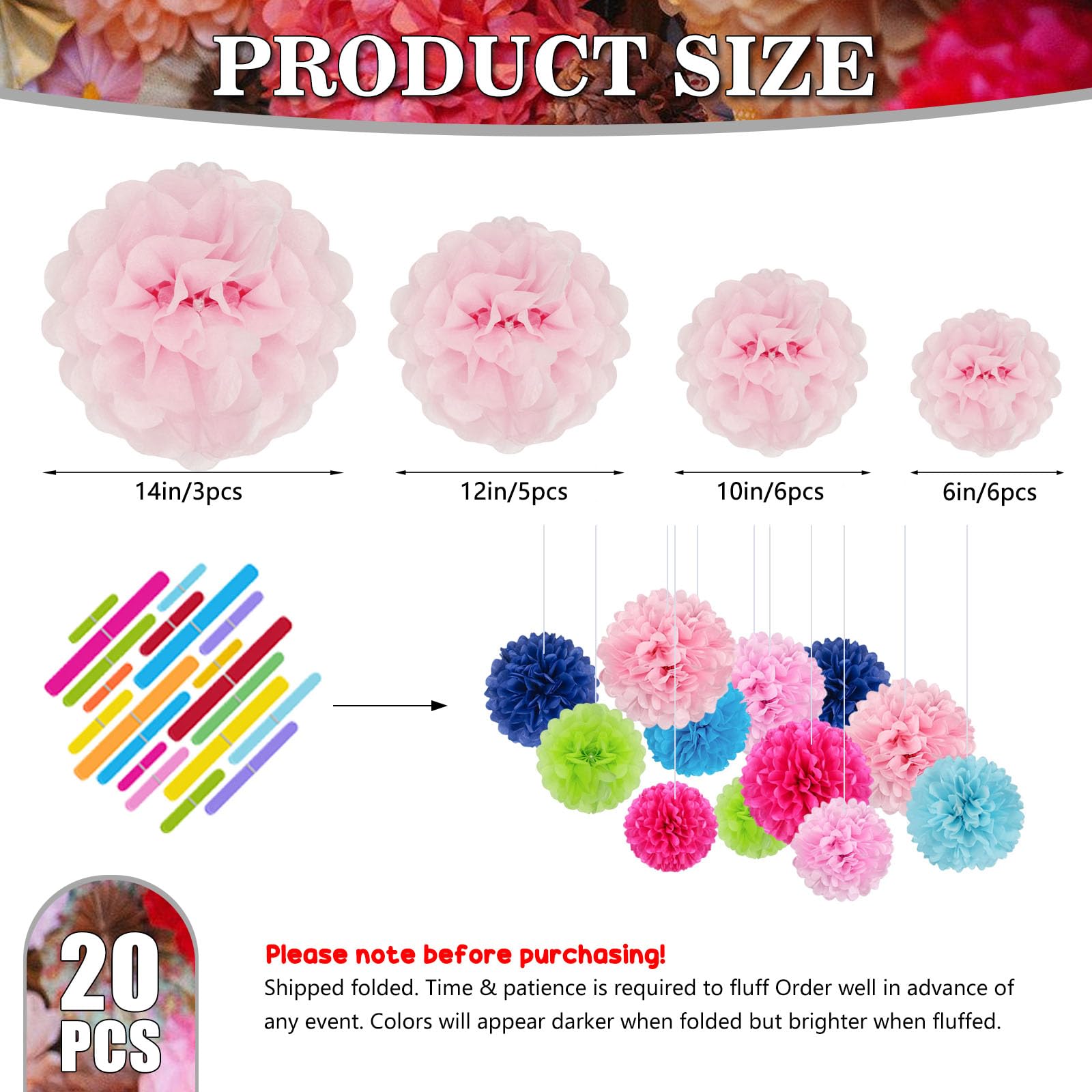 Tissue Paper Pom Poms, Light Pink Tissue Paper Flowers, Hanging Flower Balls for Weddings Fiesta Parties Birthday Baby Showers Classroom Bridal Shower Decoration (20Piece Set-6/10/12/14Inch)
