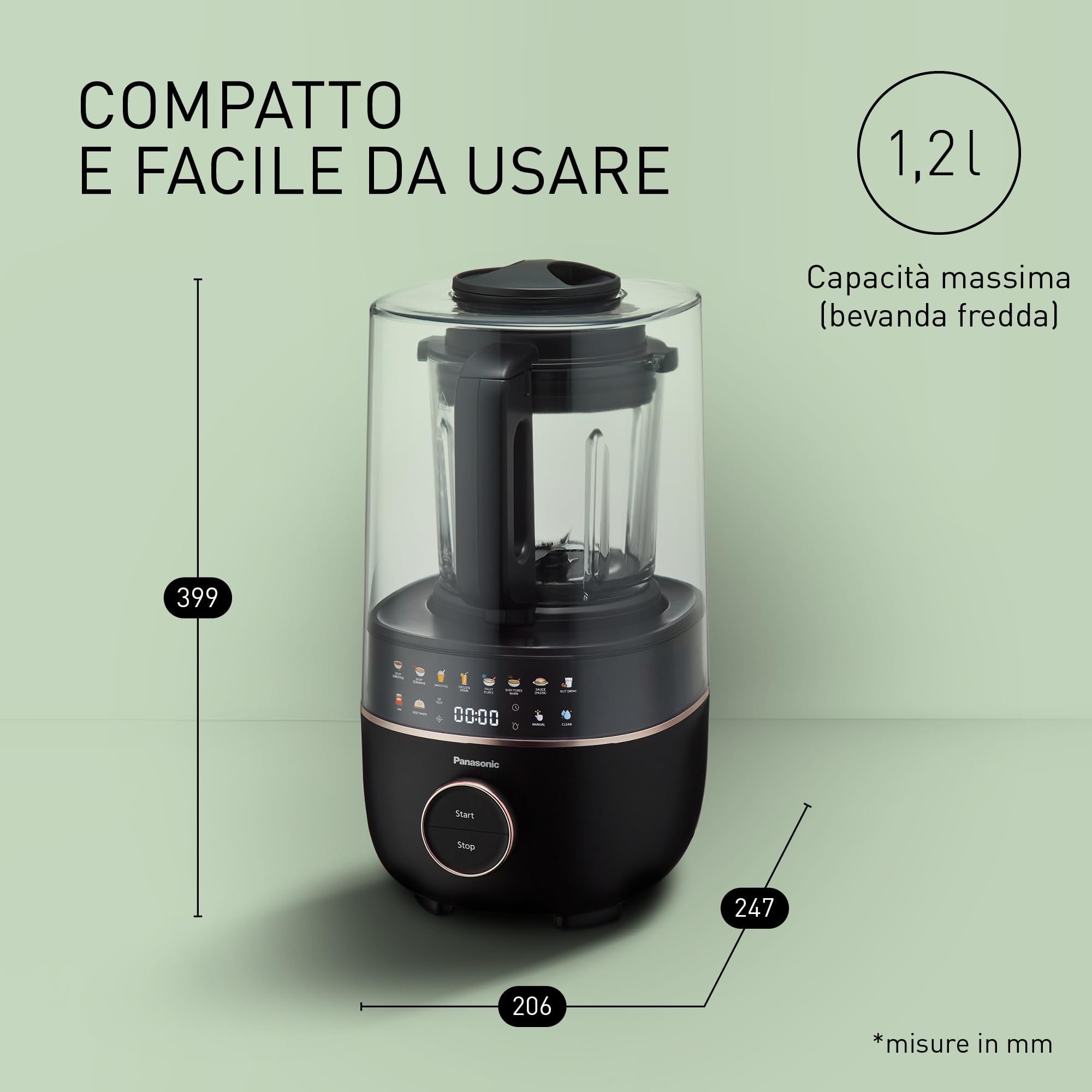 Panasonic MX-HG4401KXE Frullatore e prepara/cuoci zuppe, 1,2L, 800W, Caldo e Freddo, 9 Modalità Automatiche, 10 Impostazioni di Velocità, Timer, Mantieni Caldo, Pulizia Automatica, Nero e Oro Rosa