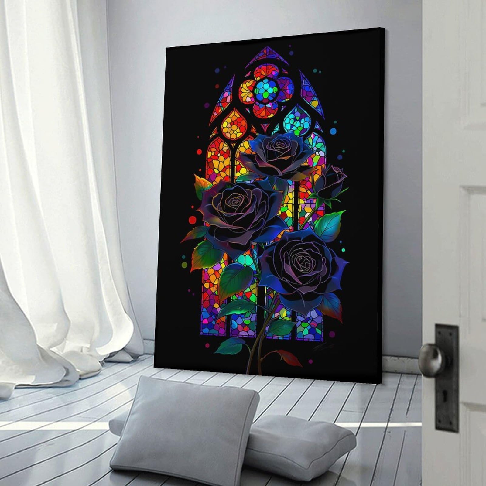 Junmoney Frame-Style-3 Gothic Stained Glass Roses Decorative Wall Artwork 20X30inch(50X75cm), For Corridors, Hallways Or Apartment Entries, Home Artwork For First Impressions