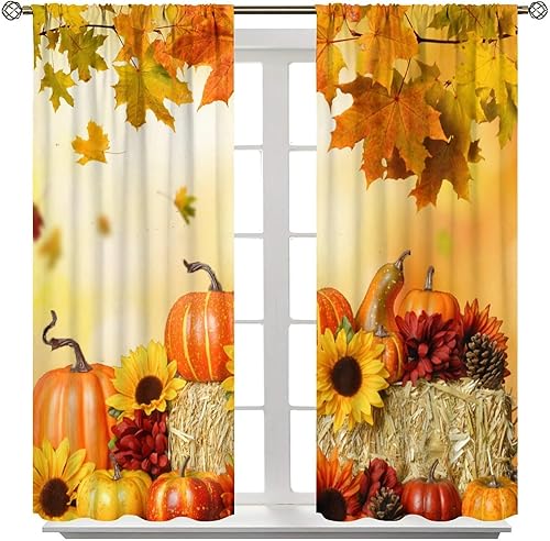 Miniatura 3 de Cortinas rústicas de calabazas de otoño, girasoles de otoño, cosecha de Acción de Gracias, granja, romántica, otoño, dormitorio, sala de estar,