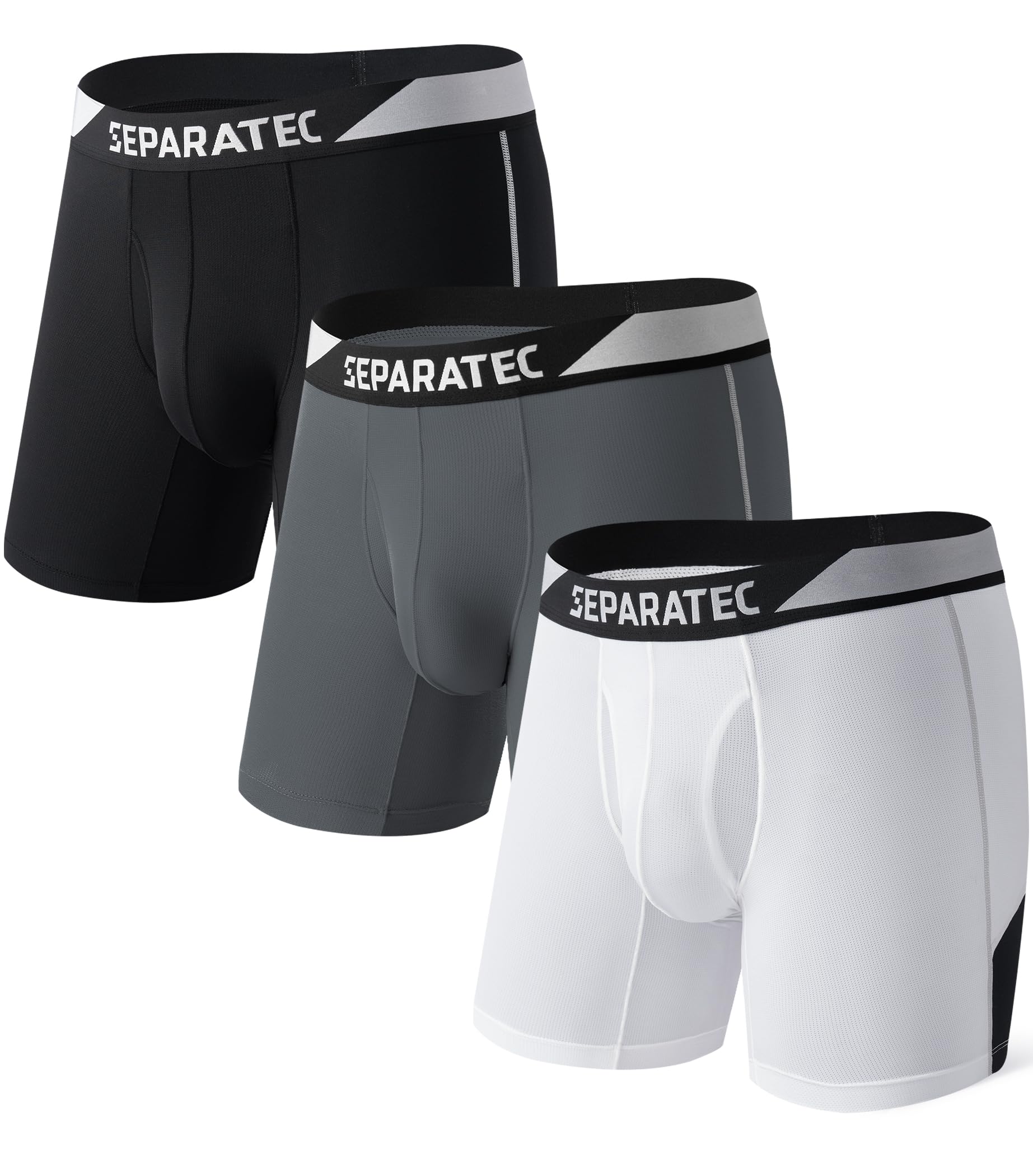 Separatec Men's Separate Pouch Boxer Briefs, Breathable Mesh, 3 Pack (Black/White/Dark Gray), Size L