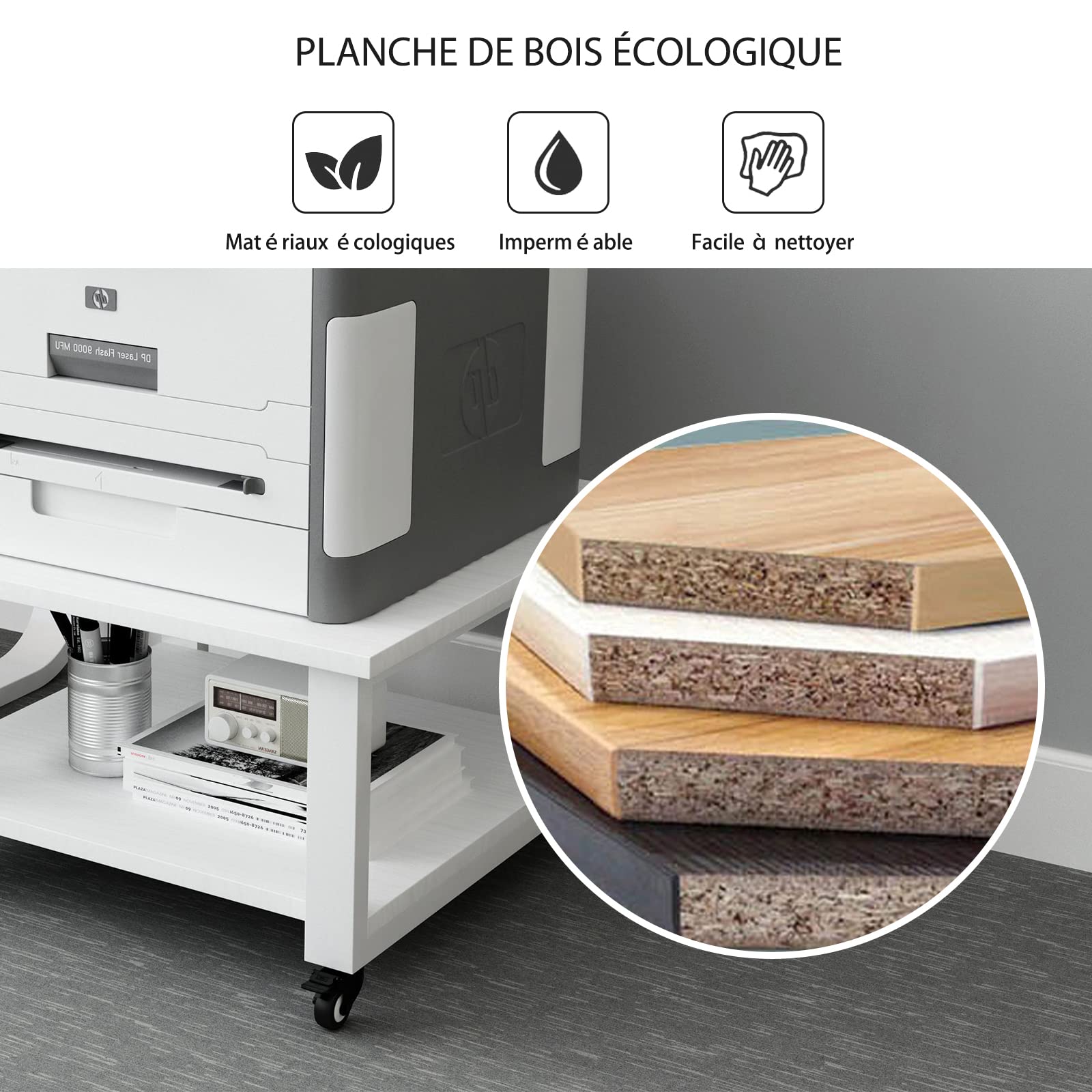 PUNCIA Support d’Imprimante à 2 Niveaux Meuble Imprimante Table Roulante | Robuste Chariot Mobile sous la Table avec Roulettes Étagère de Rangement Organisateur de Stockage pour Maison Bureau (Blanc)
