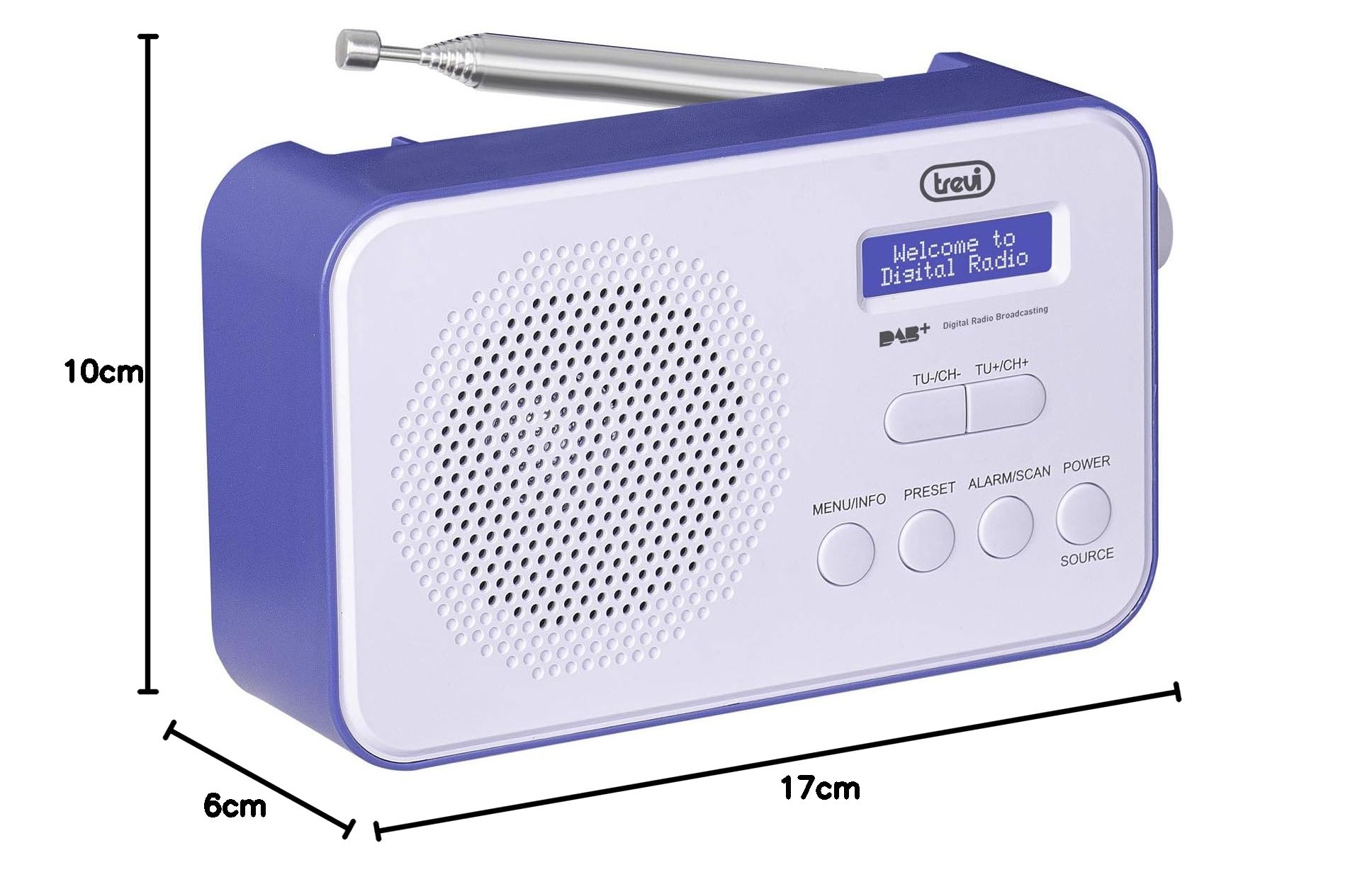 Trevi DAB 7F92 R Radio Portatile Digitale, Display Dot Matrix ad Alta Leggibilità, Orologio con 2 Sveglie Programmabili, Batteria Ricaricabile al Litio, Blu