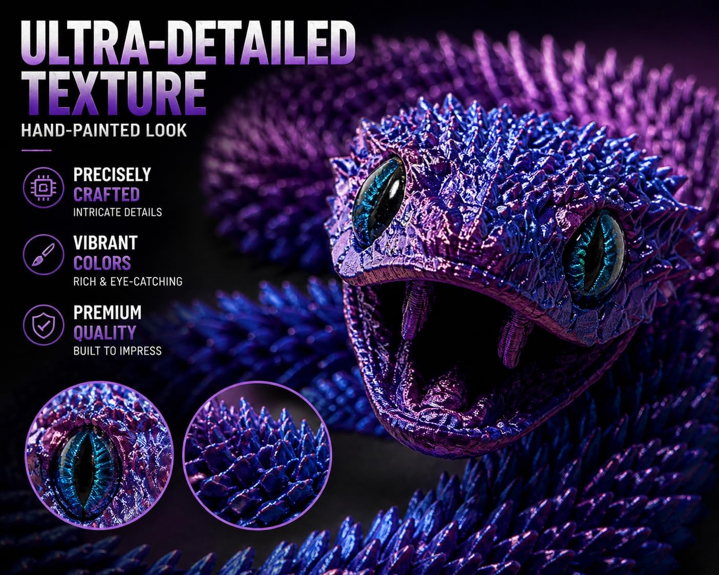 Articulated Crystal Snake with Moving Jaw, 22.8-Inch Flexible 3D Printed Fantasy Collectible, Poseable Desk Decor, Ages 14+ (Purple) image 2