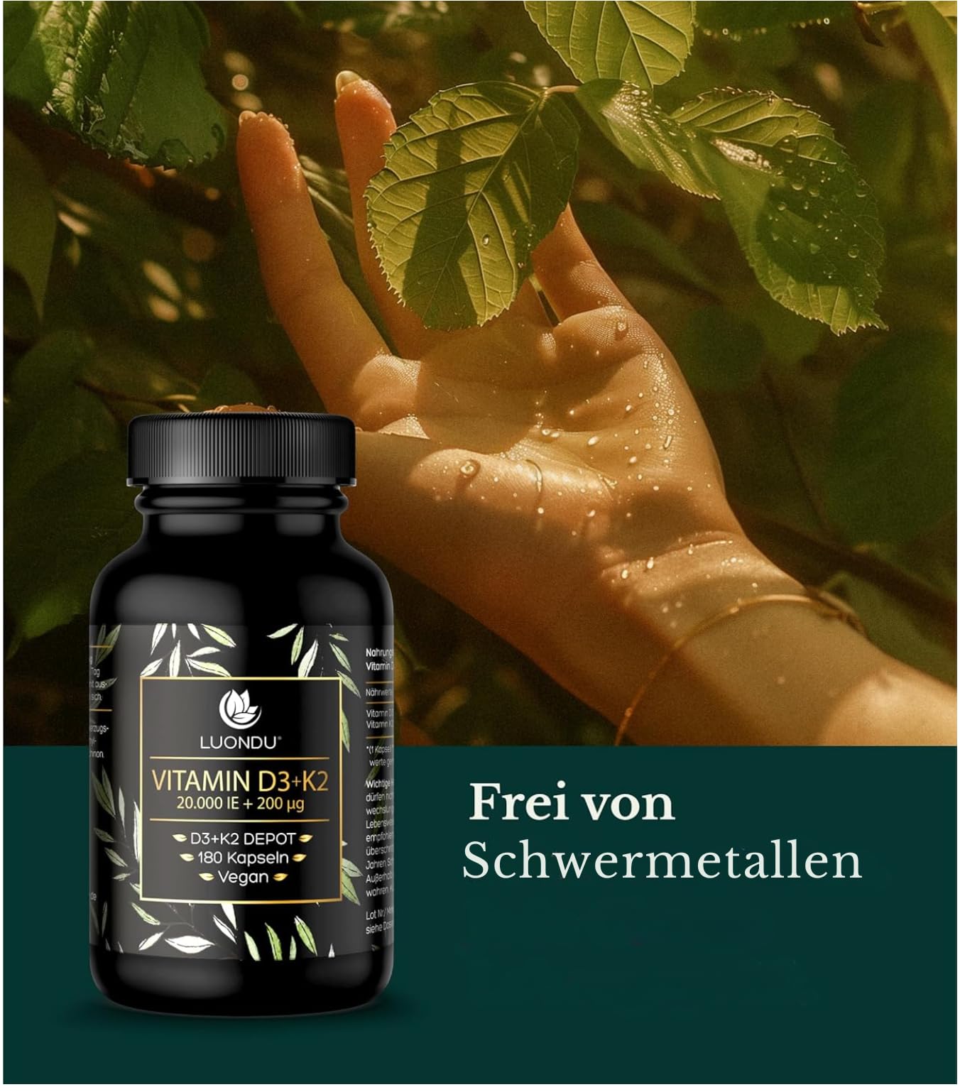 Luondu Vitamin D3 20.000 I.E + Vitamin K2 MK7 200 mcg (hochdosiert & vegan) | Ohne Zusätze, produziert in Deutschland (180 Kapseln) – Verpackung kann variieren