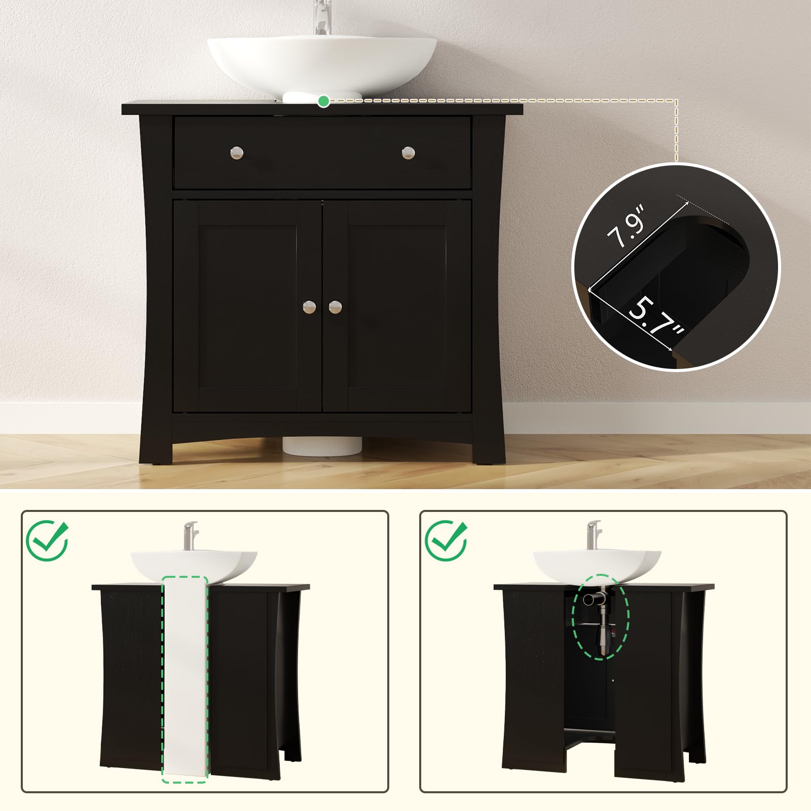 Gyfimoie Waschbeckenunterschrank, Badezimmerschrank mit Schubladen, Badezimmer Unterschrank mit 2 Türen, Badschrank 60 x 30 x 60 cm, Waschbeckenunterschrank mit Füßen
