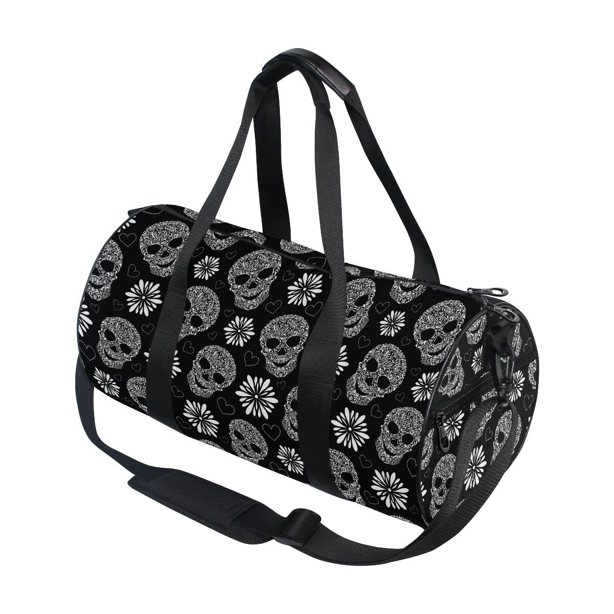ALAZA Foldable Duffle Bag Womens Mens for Travel Sports Camping Yoga Swim, Abstract Floral Skulls Small Round Gym Bags with Shoulder Strap Top Handle โ image 1