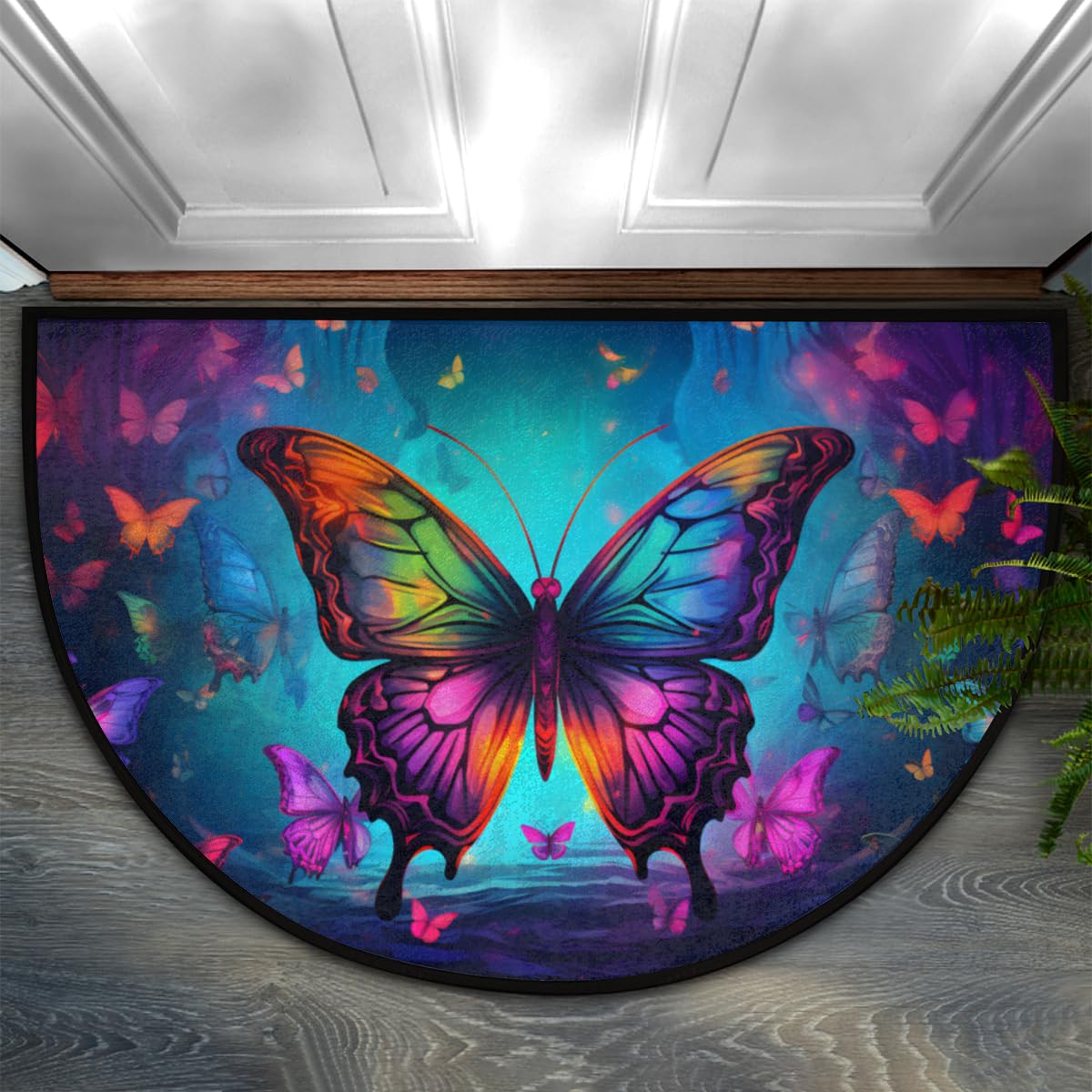 Half Round Door Mat Butterfly Night Sky Intdoor Entrance 36x24 Inch, Non-Slip Welcome Mat for Outdoor Semi Circle Bathroom Floor Rugs,House Entry Way