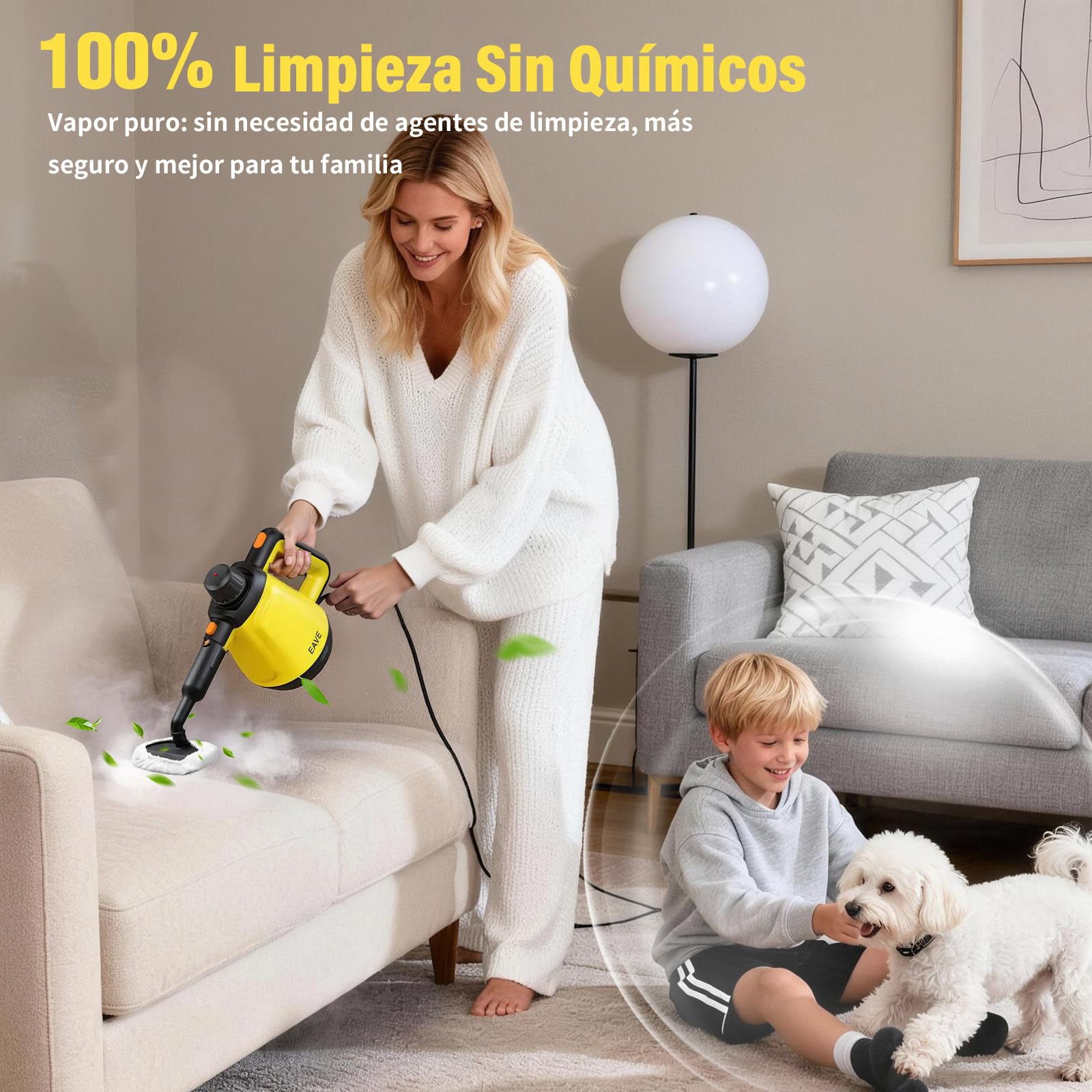 Vaporeta de Mano, 110℃ Limpiador a Vapor para una Limpieza Eficiente, Versátil Vaporeta con 10 Accesorios y Cable de 5m, Steam Cleaner para Sofás, Alfombras, Juntas, Limpieza sin Químicos (Amarillo)