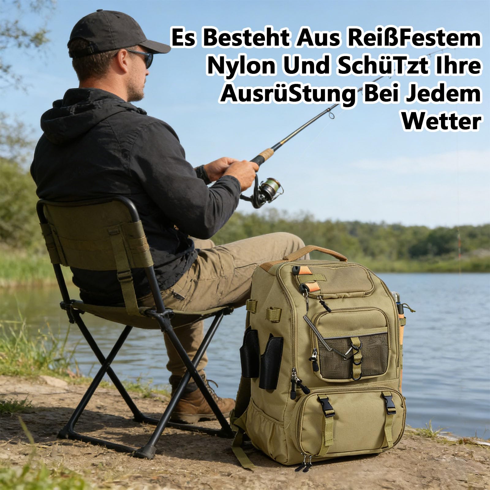 40L Angelrucksack Mit Angelrutenhalter, Wasserdichtes Oxford-Gewebe Angeltasche, Multifunktional Angel Rucksack für Angeln, Jagen und Wandern Verwendet.