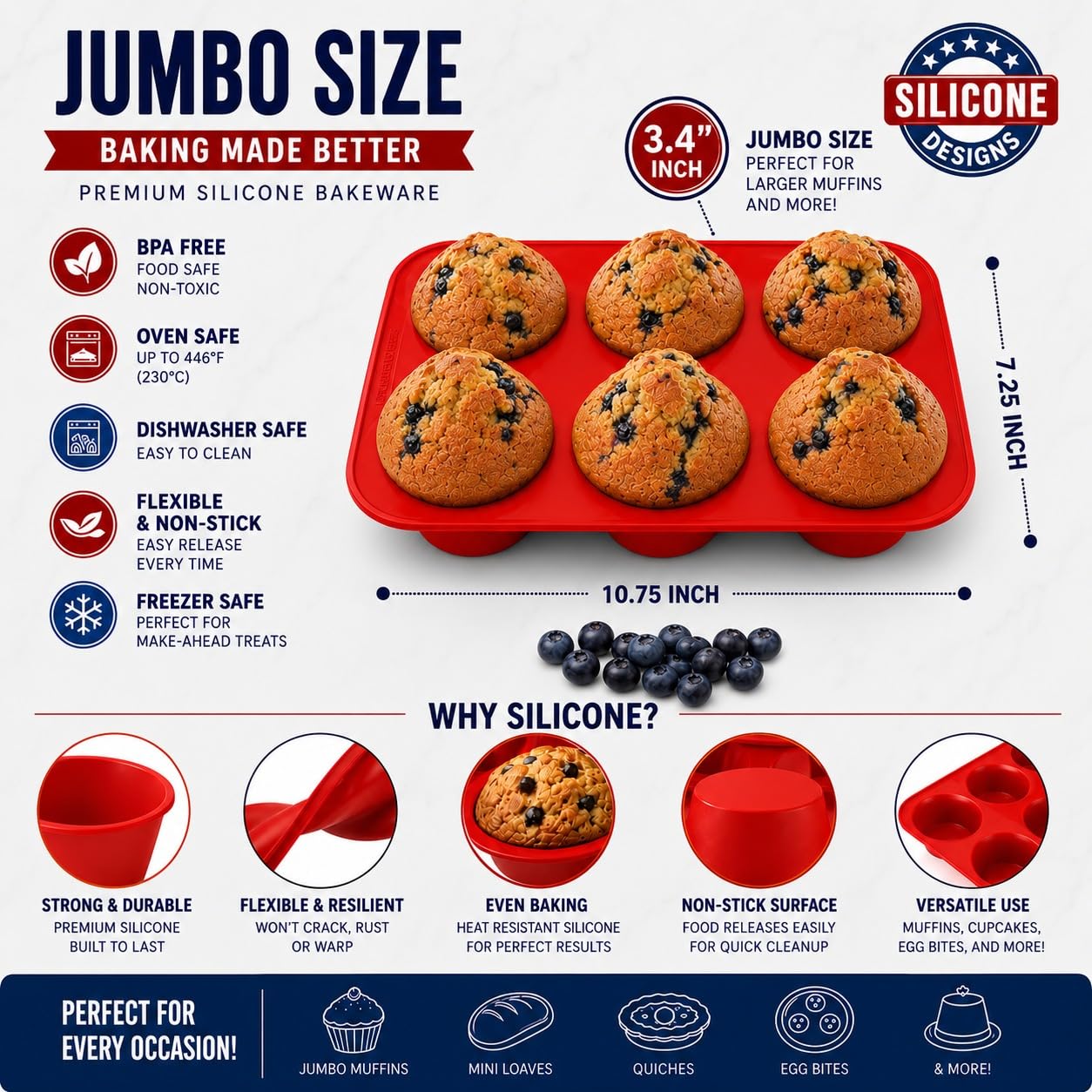 Texas - molde de Silicona para magdalenas, muffin y cupcakes, para 6 magdalenas grandes, uso comercial, con libro electrónico de recetas (idioma español no garantizado)