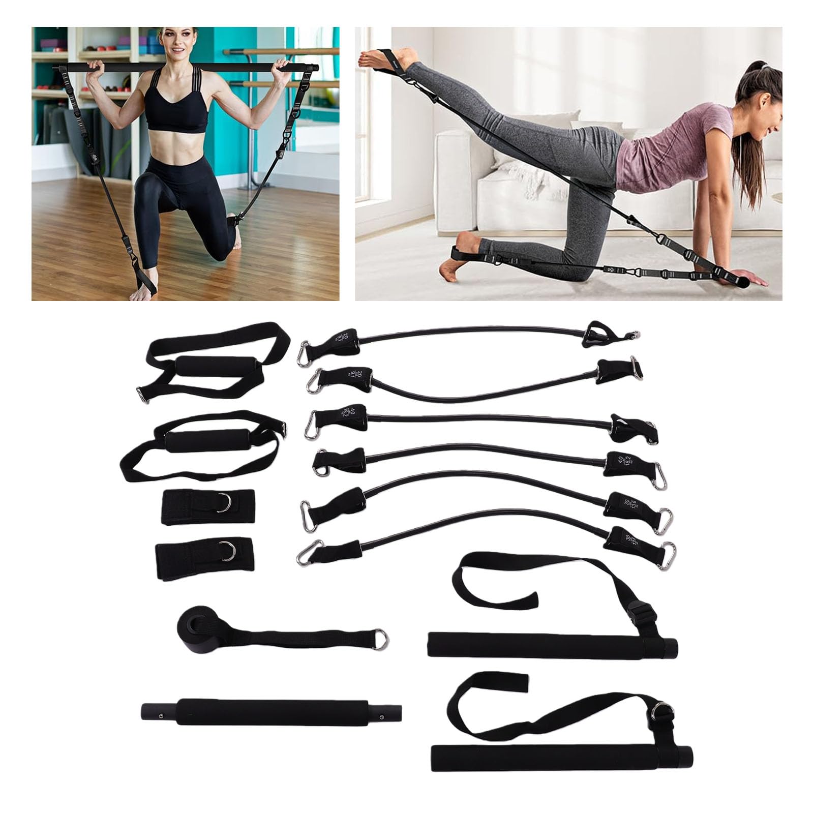 Buachois Pilates Bar Kit, 20 30 40 Lbs Fasce di Resistenza Attrezzature per Allenamento Pilates Regolabili TPE Metallo con Custodia per Fitness a Casa