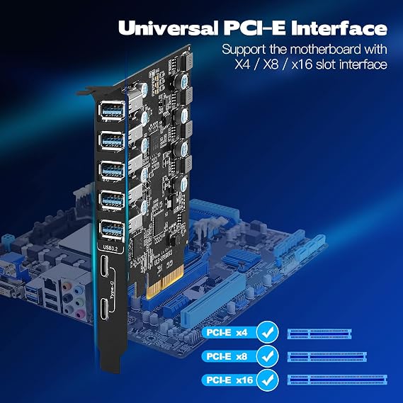 10Gbps PCIe USB 3.2/3.1 Gen 2 Expansion Card 7-Ports (2X USB C and 5X Type-A) PCI Express Card Type C PCI-e USB3 Hub Controller Adapter 4 Independent Power Module