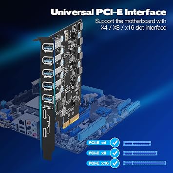 10Gbps PCIe USB 3.2/3.1 Gen 2 Expansion Card 7-Ports (2X USB C and 5X Type-A) PCI Express Card Type C PCI-e USB3 Hub Controller Adapter 4 Independent Power Module