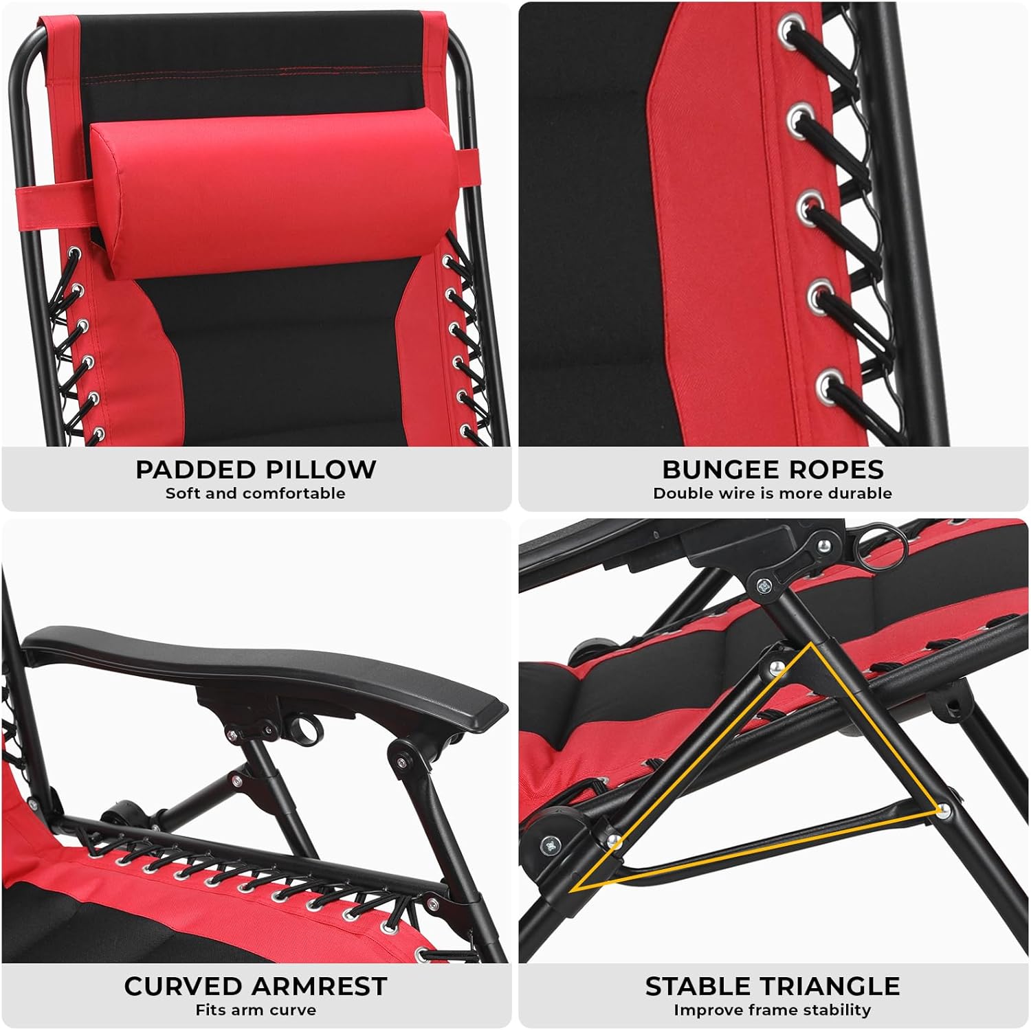 MAMIZO Padded Zero Gravity Chair, Set of 2 Foldable Outdoor Patio Recliner, Anti Gravity Adjustable Lounger w/Removable Pillows and Cup Holder Side Tables, 350 LBS (Red)