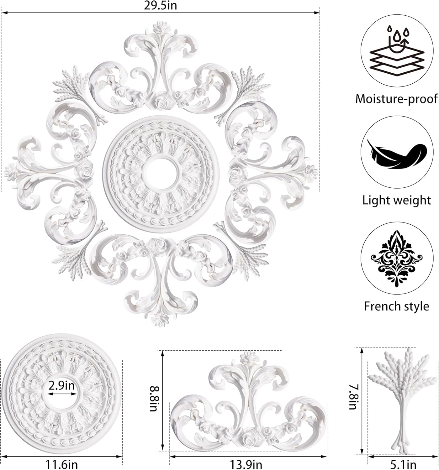28" Large PU Ceiling Medallion for Light Fixtures, French Style Chandelier Base Decorative Victorian Rosette Light Covers for Chandeliers