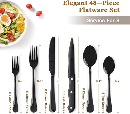 Miniatura 6 de Astercook Juego de cubiertos negros de 48 piezas con cuchillos de carne de acero inoxidable de grado alimenticio para 8 utensilios pulidos de