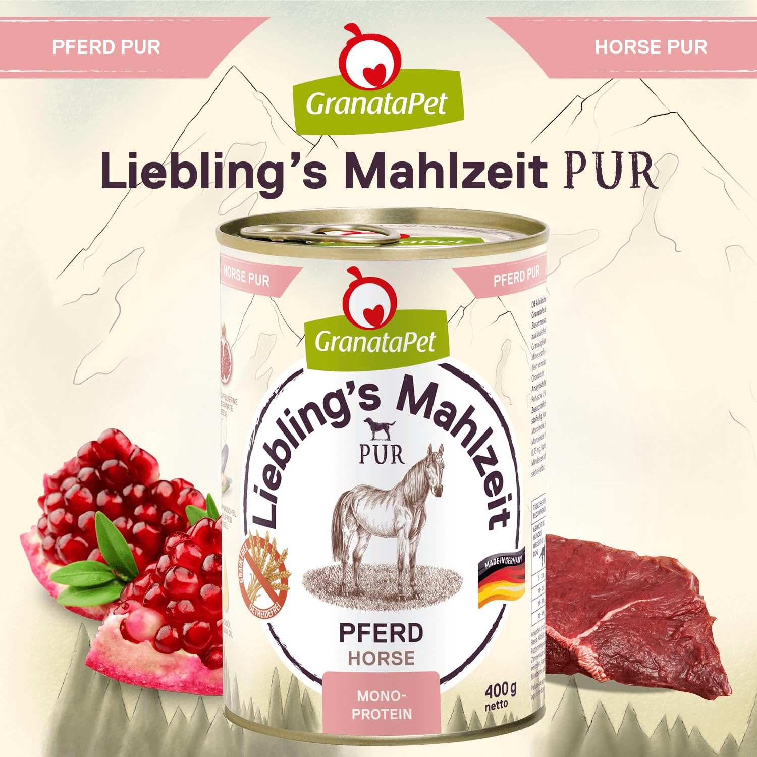 GranataPet Liebling’s Mahlzeit PUR con cavallo, cibo umido per cani, scatolette cani senza cereali e zuccheri aggiunti, alimento cani con alto contenuto di carne e oli salutari, 6 x 400 g