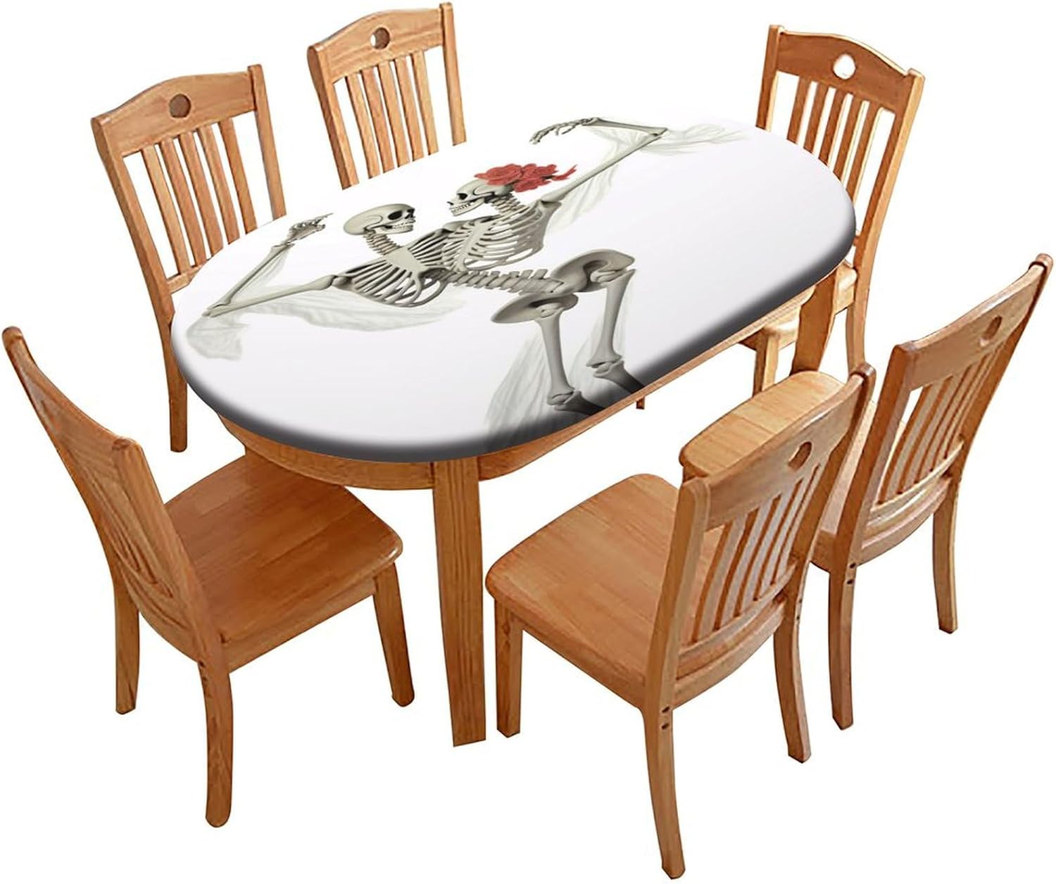 Skull Couple White Print Tablecloth Oval Stain Resistant Oilproof Elastic Large Oval Tablecloth Tablecloth Oval Table for Birthday New Year Bachelor Party Graduation Fits for 52 x 70" Oval table