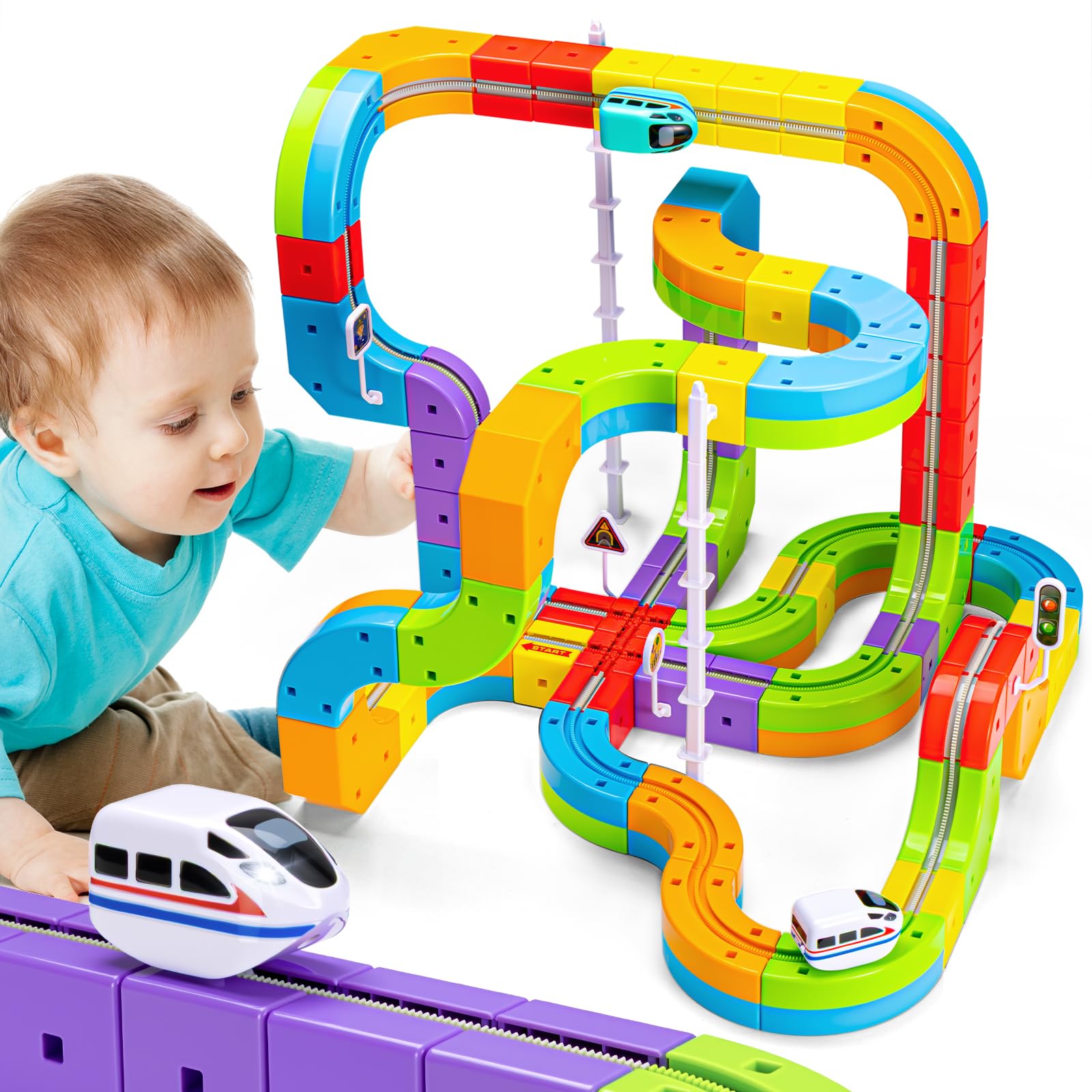 KlickRail Electric Train Set Flexible Race Track for Kids 4 6 7 8, 88 Pcs Car Track for Toddlers 3-5, Building Toy Train Track Gravity-Defying 3D Embedded Layouts & Motorized Car, STEM Learning Gift