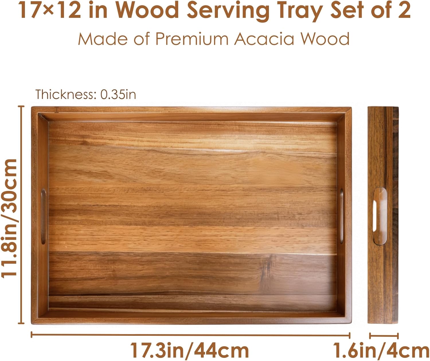 YOUEON 2 Pack 17 x 12 Inch Acacia Wood Serving Tray with Handles, Large Wooden Tray for Ottoman, Breakfast in Bed, Dinner, Coffee Table, Perfect for Living Room, Bedroom & Kitchen