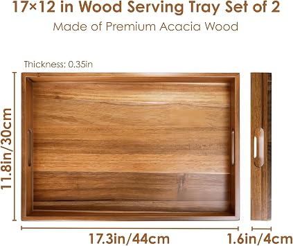YOUEON 2 Pack 17 x 12 Inch Acacia Wood Serving Tray with Handles, Large Wooden Tray for Ottoman, Breakfast in Bed, Dinner, Coffee Table, Perfect for Living Room, Bedroom & Kitchen