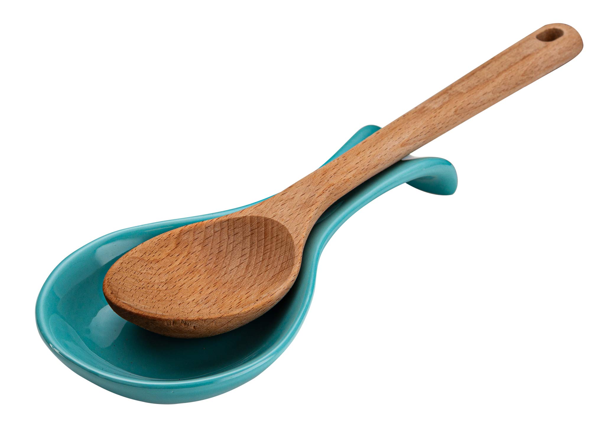 Ceramic Spoon Rest, by Kook, Utensil Holder for Stovetop, Farmhouse Kitchen & Coffee Bar Decor, Dishwasher Safe, Ladle, Tray – Set of 2 (Aqua)