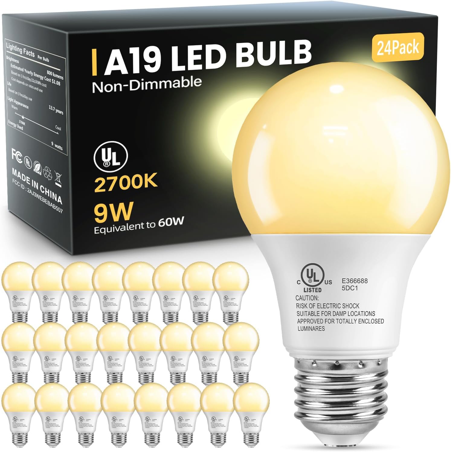 VOLIVO 24 Pack A19 LED Light Bulbs, 4000K Nature White, 9W(60W Equivalent), 800 Lumens, E26 Standard Base, Energy Saving LED Bulb, Non-Dimmable, UL Listed and FCC Certified, for Bedroom Living Room