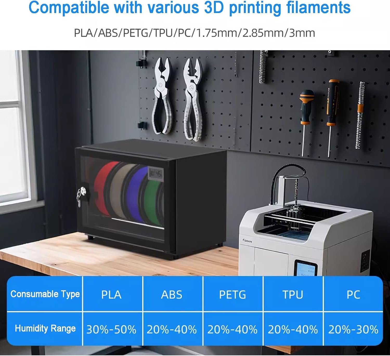Caja de almacenamiento de filamentos con control de humedad y bloqueo, sostiene múltiples rollos para materiales de impresión 3D