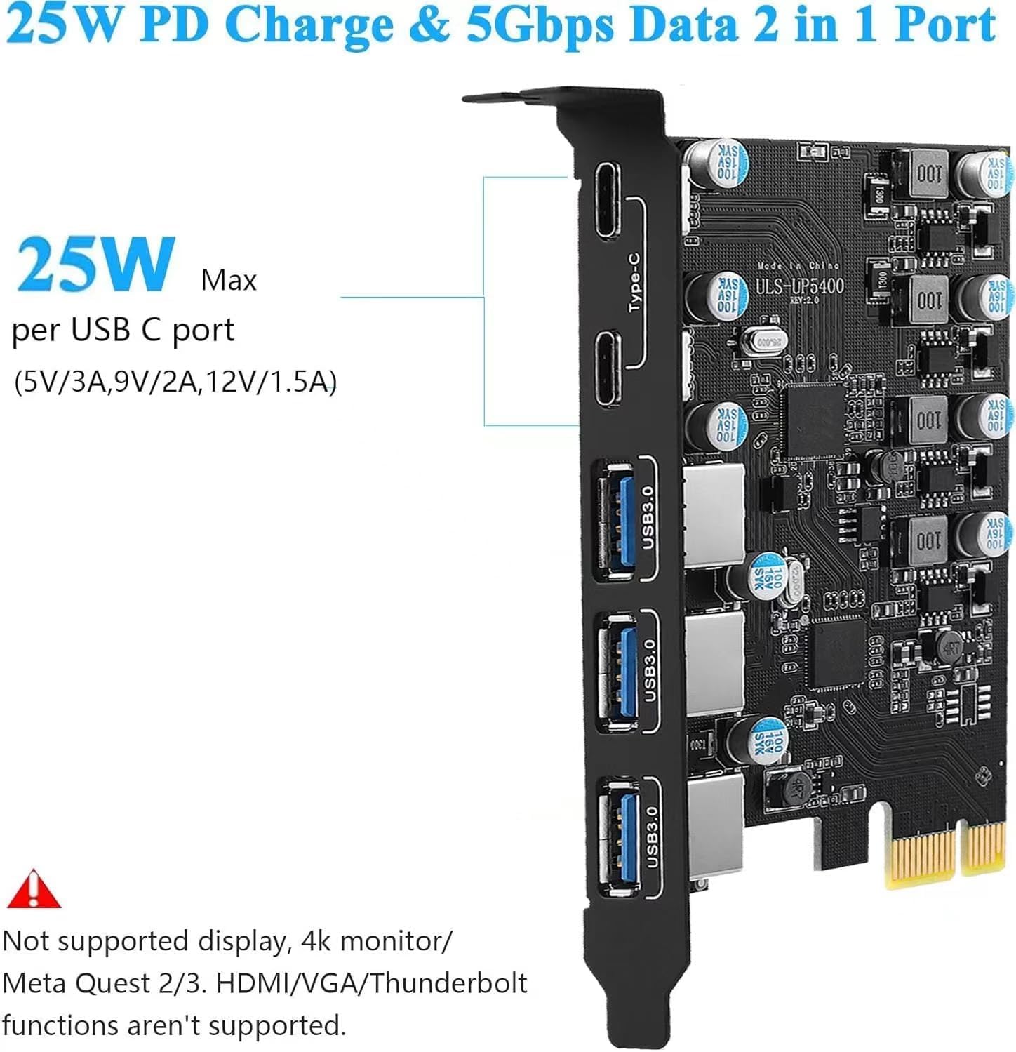 Karta USB C PCIe 5 portów, zasilacz 25 W, karta rozszerzeń USB 3.0 5 Gb/s PCI Express (3 porty typu A i 2 typu C), szybkie ładowanie dla komputerów stacjonarnych